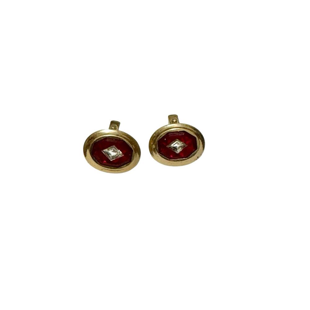 Vintage Anson Cufflinks with Faceted Red Glass Mirrored Diamond Shape Goldtone